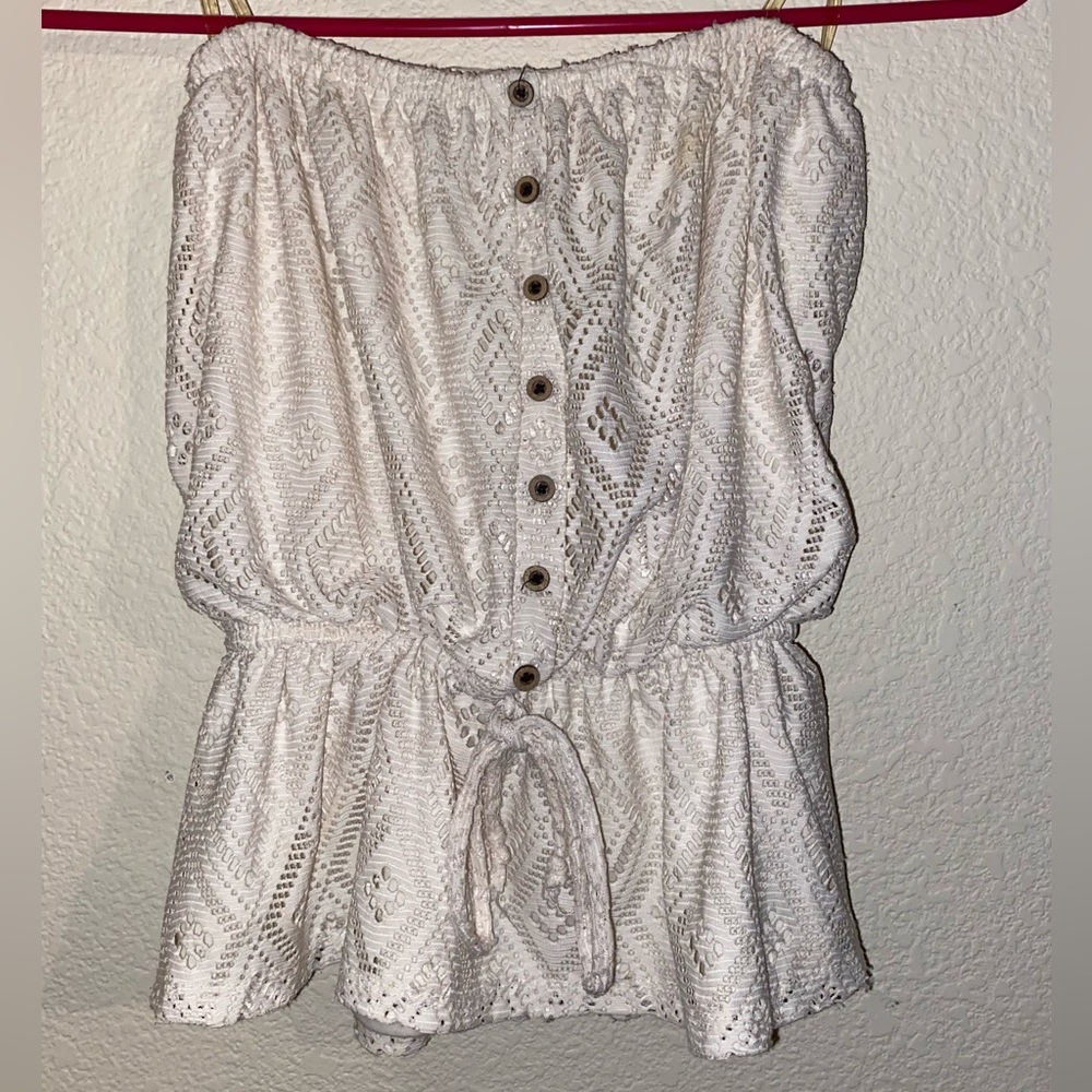 Off White Lace Off Shoulder/Tube Top Peasant Top w Lining,Cinched Middle,Size XS